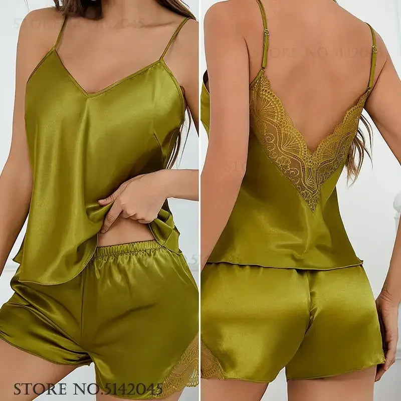 Sexy Suspender Pajamas Set Intimate Lingerie Loose Summer Women Sleepwear Home Clothes Backless Lace Strap Top&shorts Pyjama