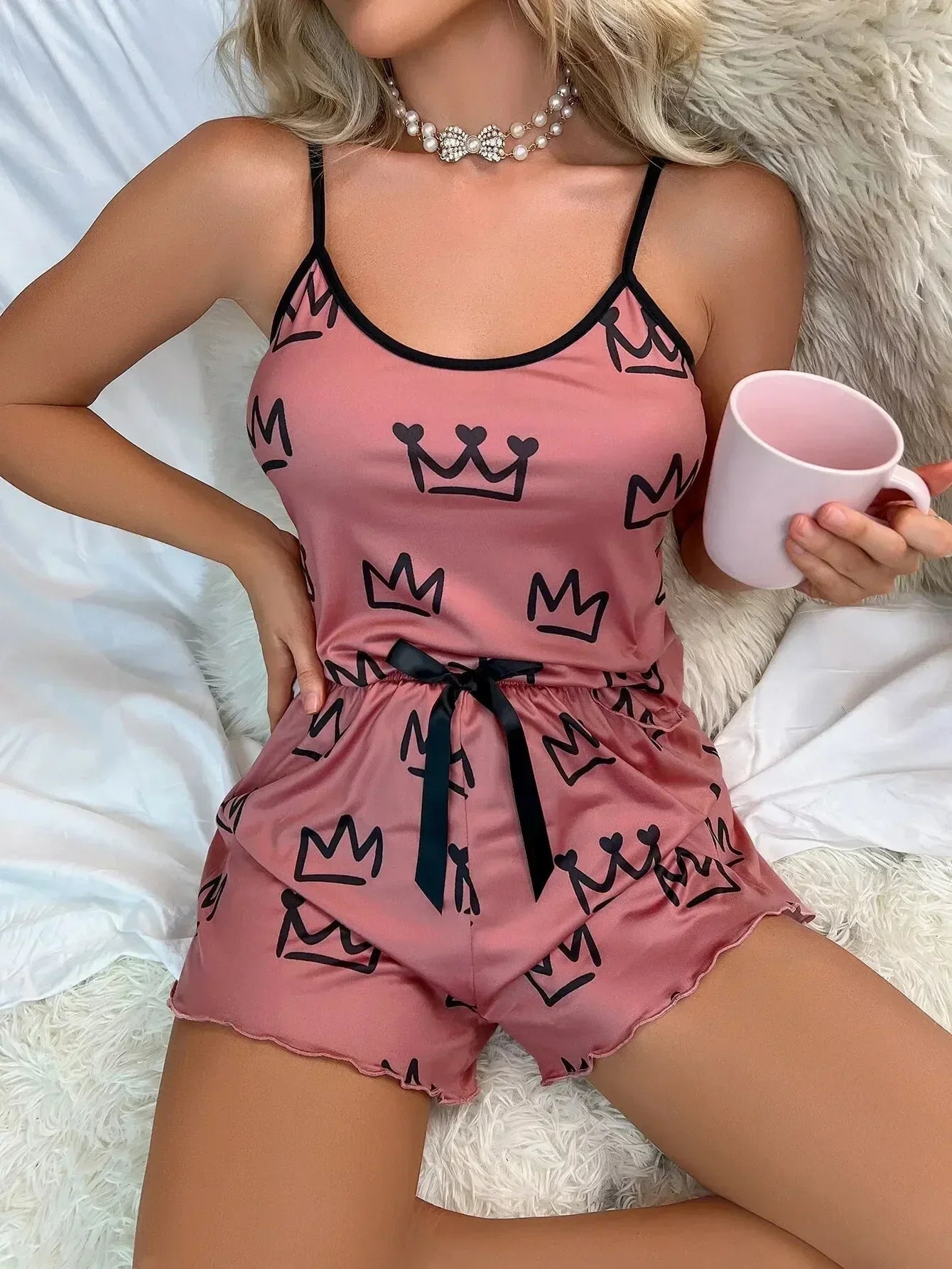 Sleepwear Women 2 Pieces Pajama Set Sexy Lingerie Love Printed Sleeveless Cami Top & Shorts Sets Loungewear Pijamas
