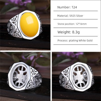 S925 Sterling Silver Ring Frame DIY Inlaid Beeswax Turquoise Amber South Red Ring Gem Opening Men Square Ring Setting