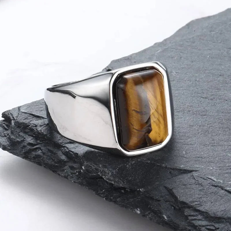 Natural Gemstone Tiger Eye Signet Ring Stainless Steel Waterproof Handmade Jewellery Rings for Men Women Father Boyfriend Gift