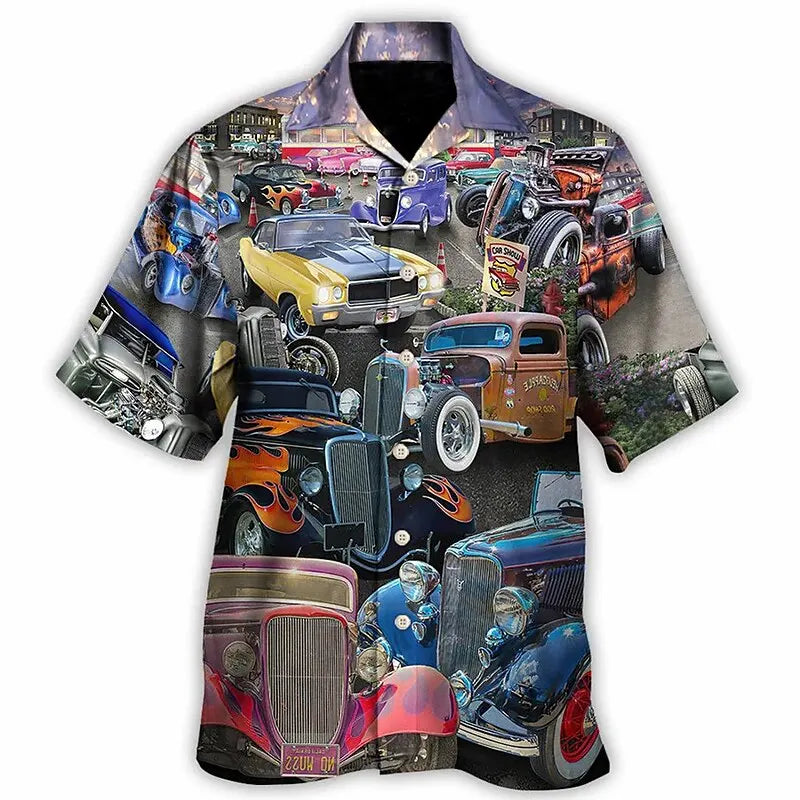 Hawaiian Shirt Car 3d Printed Shirts Men's Women's Beach Blouse Men's Vocation Lapel Shirts Cuba Camisas Men's Clothing
