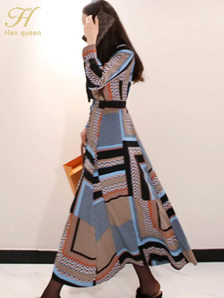 H Han Queen Vintage Print Elegant Long Dress Women Spring Single-breasted Shirt Dresses Waist Swing Ankle-length Vestidos