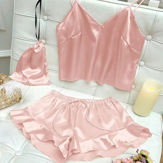 Fashion Sexy Underwear Set Women's 2 Pieces Sleepwear Pyjamas Silk Satin Bellyband Cami Top and Shorts Pajamas for Women Pijamas