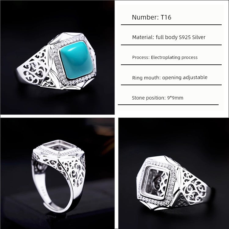 S925 Sterling Silver Ring Frame DIY Inlaid Beeswax Turquoise Amber South Red Ring Gem Opening Men Square Ring Setting