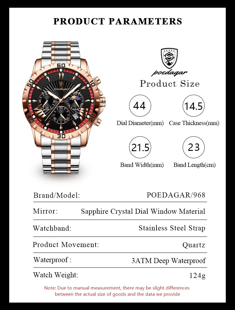 POEDAGAR Luxury Sport Man Watch Chronograph Luminous Waterproof Date Men Watch High Quality Stainless Steel Men's Quartz Watches