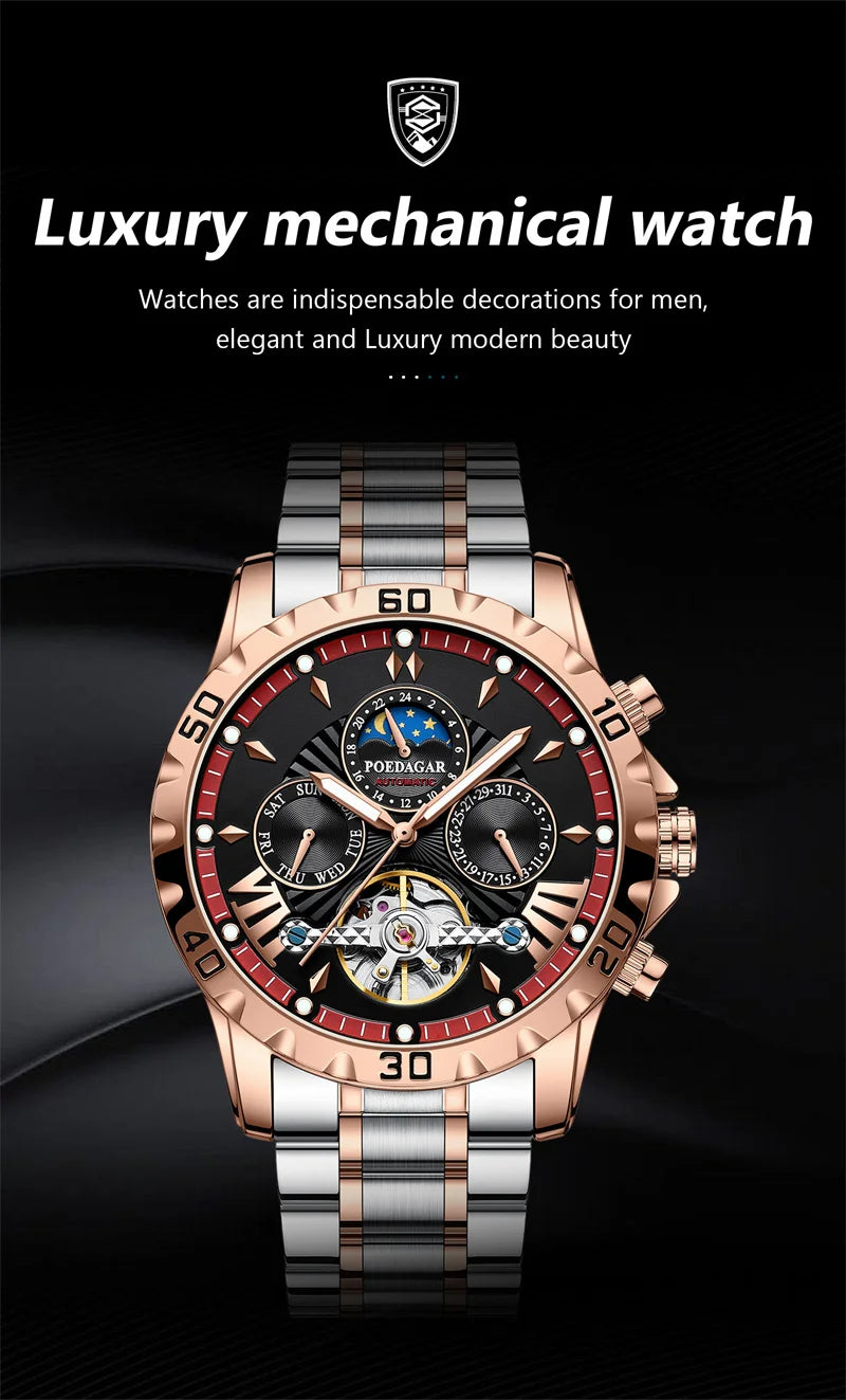 POEDAGAR Brand Luxury Tourbillon Mechanical Watch for Men Waterproof Luminous Date Week Stainless Steel Hollow Watches Men's
