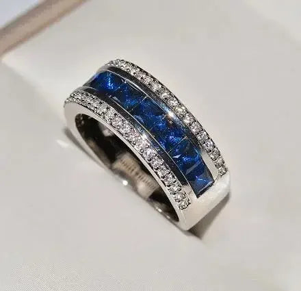 Authentic 925 Sterling Silver Finger Ring With Round Blue Square Cubic Zirconia Crystal Wide Ring For Women Wedding Jewelry