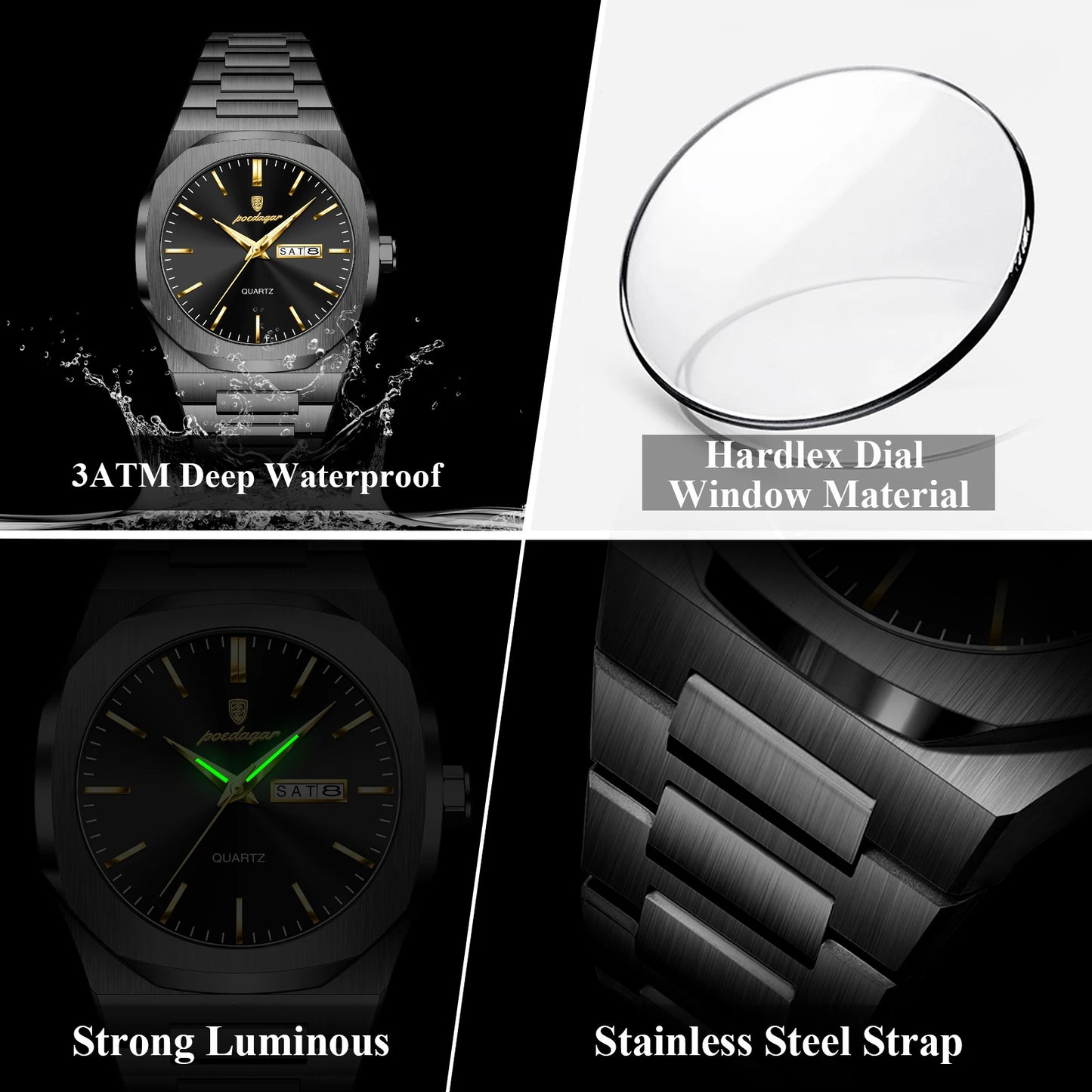 POEDAGAR Fashion Brand Male Watch Waterproof Luminous Stainless Steel Watches For Men Date Week Casual Quartz Men's Clock Reloj