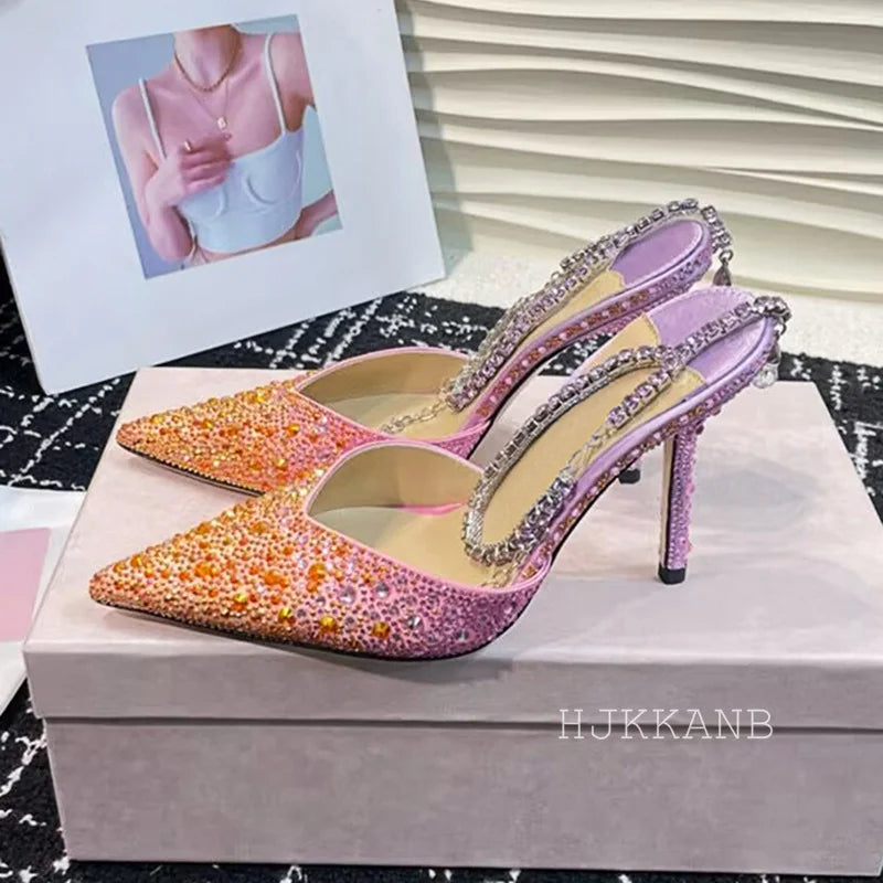 Pointed Toe Thin High Heel Pumps Women Ankle Strap Crystal Single Shoes Bling Rhinestone Sandals Sexy Spring Party Dress Shoes