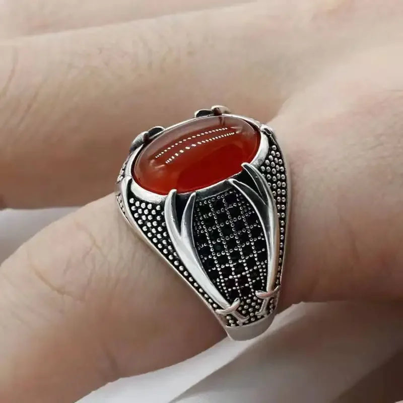 Fashion Stainless Steel Rings Vintage Carved Pattern Black/White/Red Zircon Stone Rings for Men Accessories Wedding Jewelry 6-14