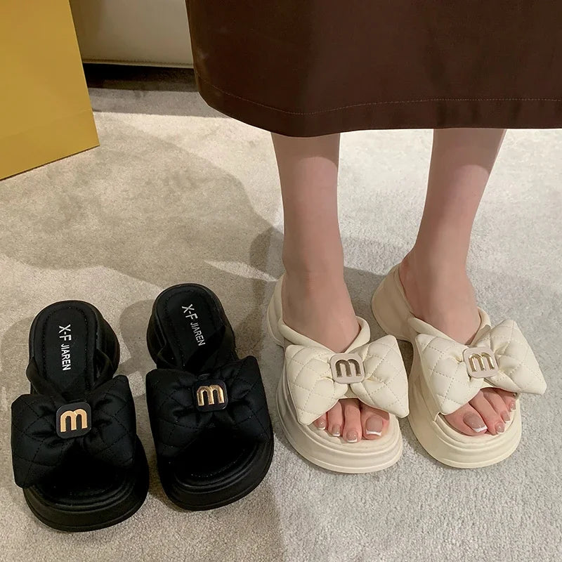Women's Sandals New Korean Edition Casual Beach Shoes Versatile Thick Sole Shoes Bow Slippers Women's Outwear Summer