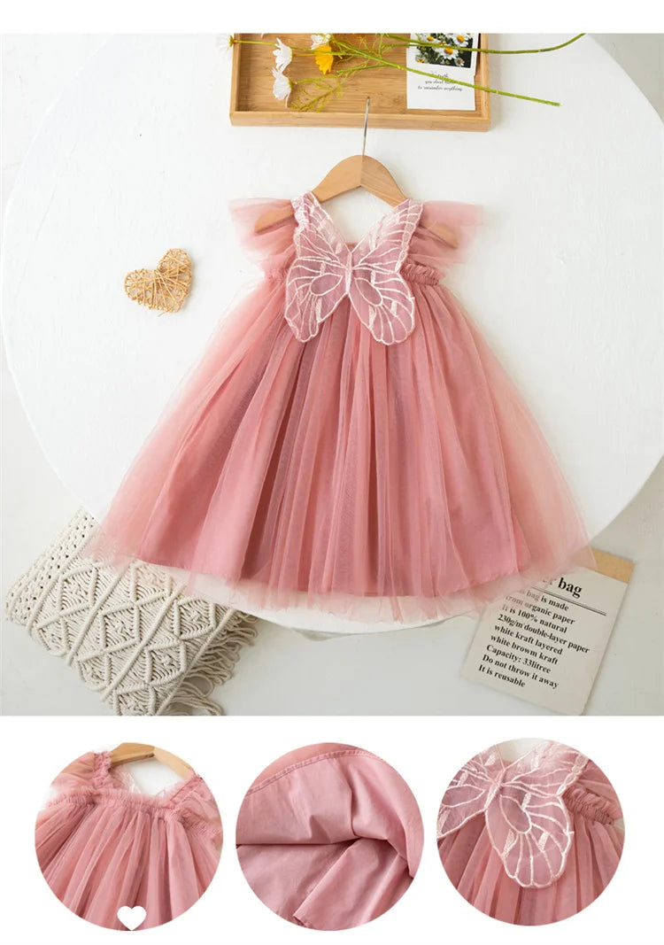 Children's Girl Dresses With Butterfly Wing Fashion Kids Tulle Dress For Girls 2-8Y Summer New Sleeveless Mesh Princess Clothes