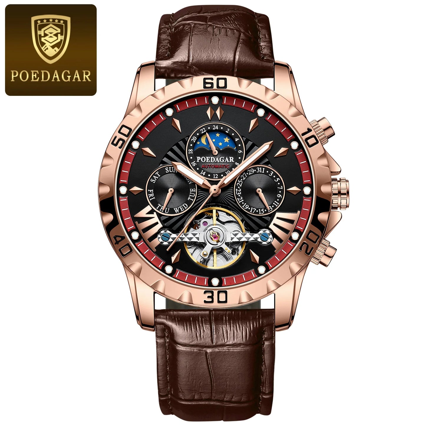 POEDAGAR Luxury Automatic Mechanical Wristwatch Waterproof Luminous Date Week Tourbillon Leather Men Watch Men's Fashion Watches