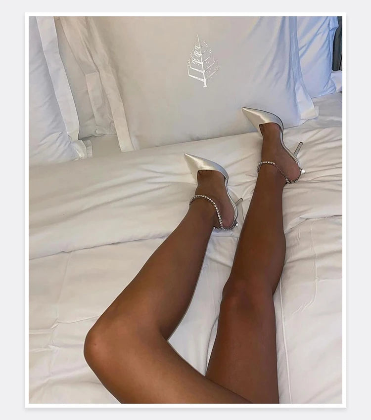 2025 New Mesh Hot Drilled Sexy Versatile Pointed Shallow Mouth Water Diamond Chain High Heels Baotou Sandals for Women
