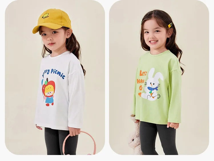 Kids Girls Printed T-shirt Autumn Cartoon Base Long Sleeve Baby Boys Top Versatile Pullover Bottom Children Girls Shirts