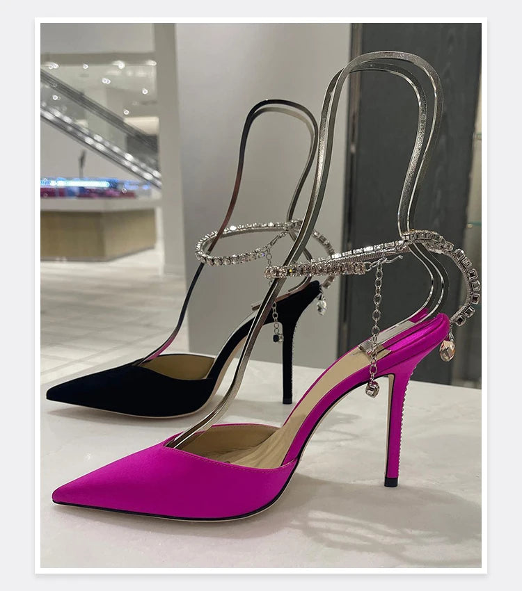 2025 New Mesh Hot Drilled Sexy Versatile Pointed Shallow Mouth Water Diamond Chain High Heels Baotou Sandals for Women