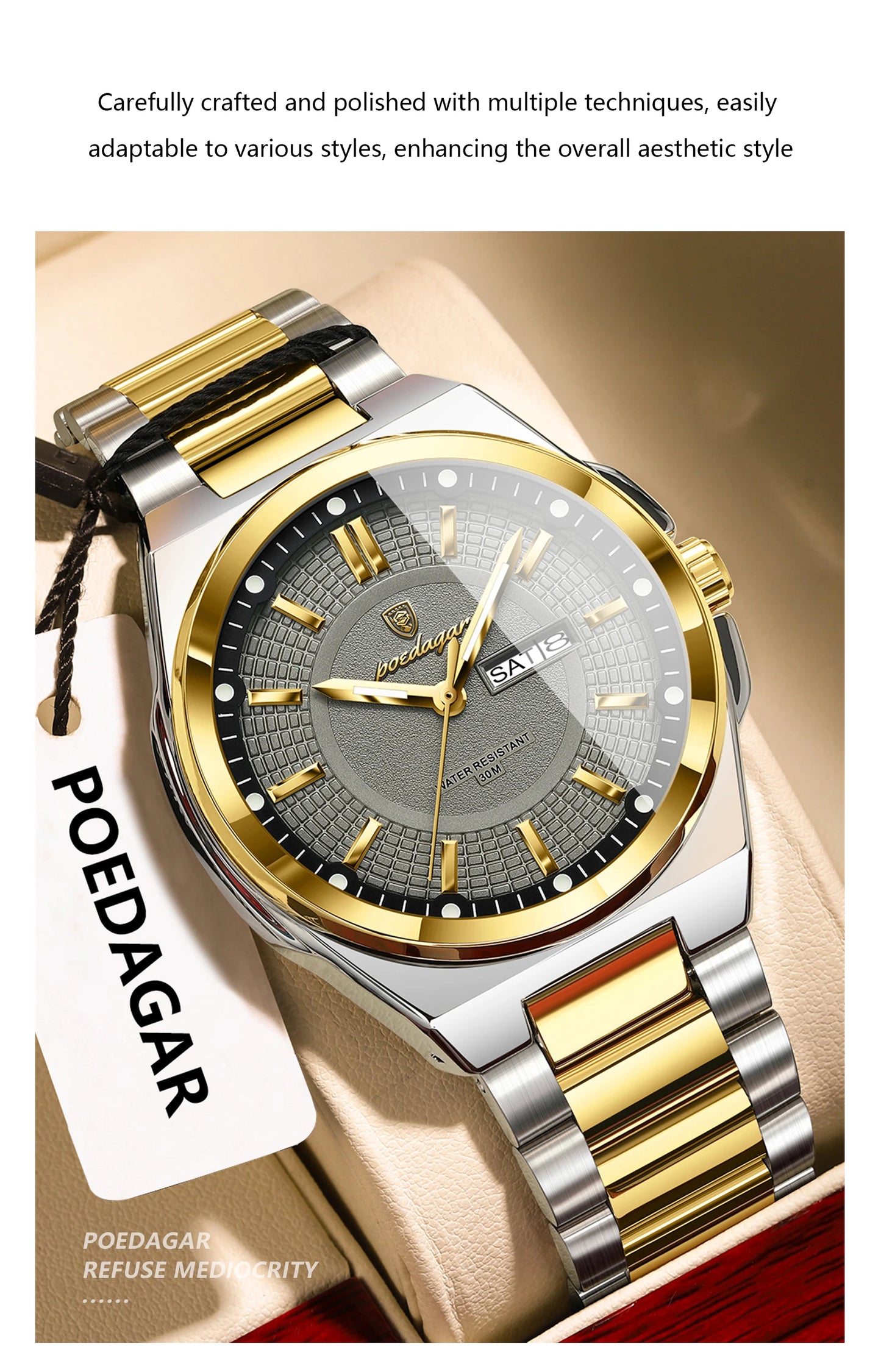 POEDAGAR Luxury Men's Wristwatch Stainless Steel Date Week Man Watch Waterproof Luminous Business Fashion Quartz Watches For Men
