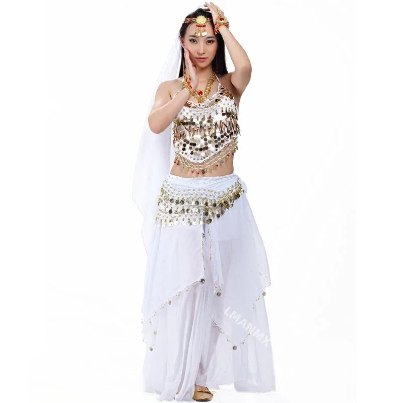 Indian Costume Set 4-pieces Belly Dance Veil Top Coins Hip Scarf Skirt Belly Dance Costume Women