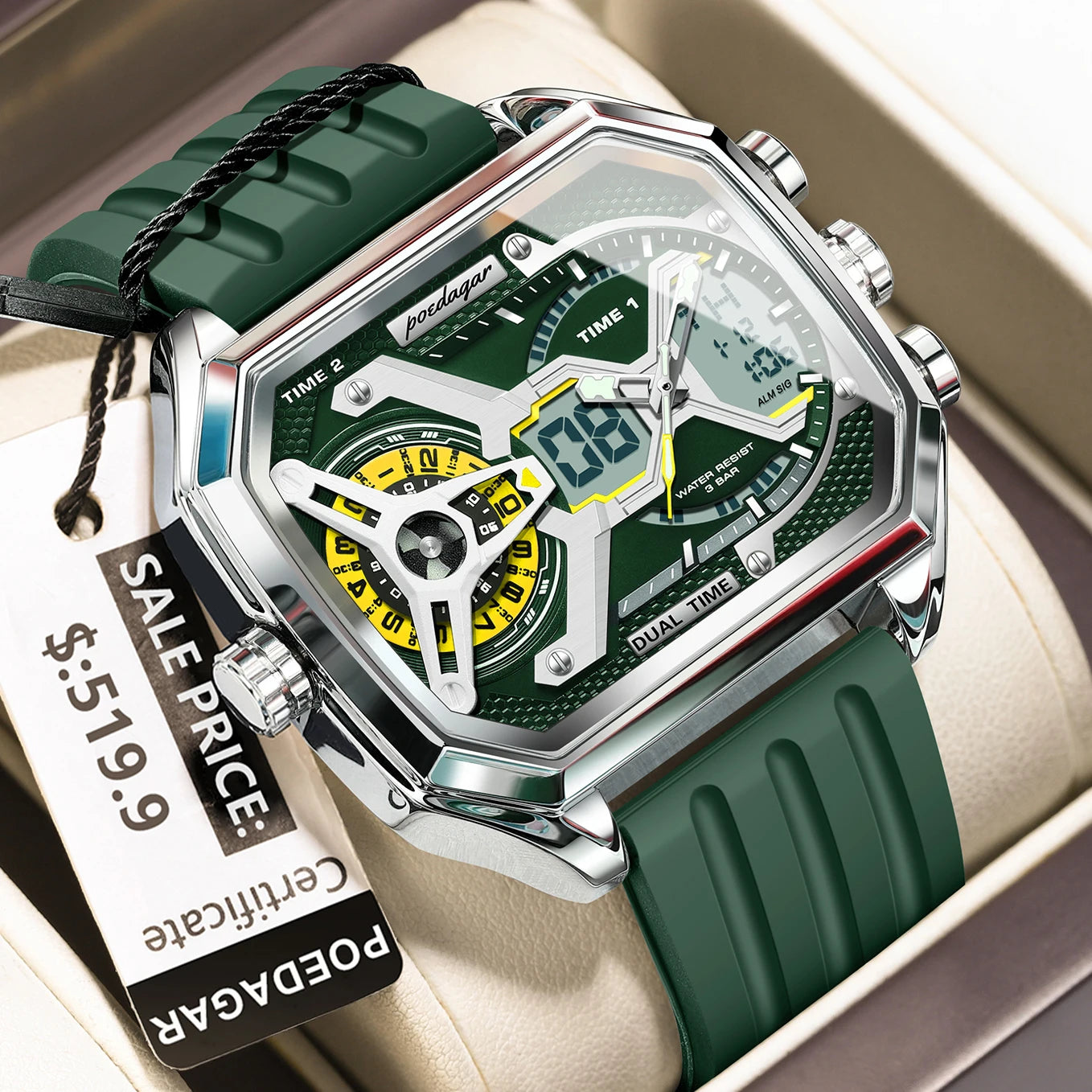 POEDAGAR Top Luxury Men Clock Date Week Luminous LED Man Watch Silicone Strap Electronic Dual Time Fashion Men's Quartz Watches