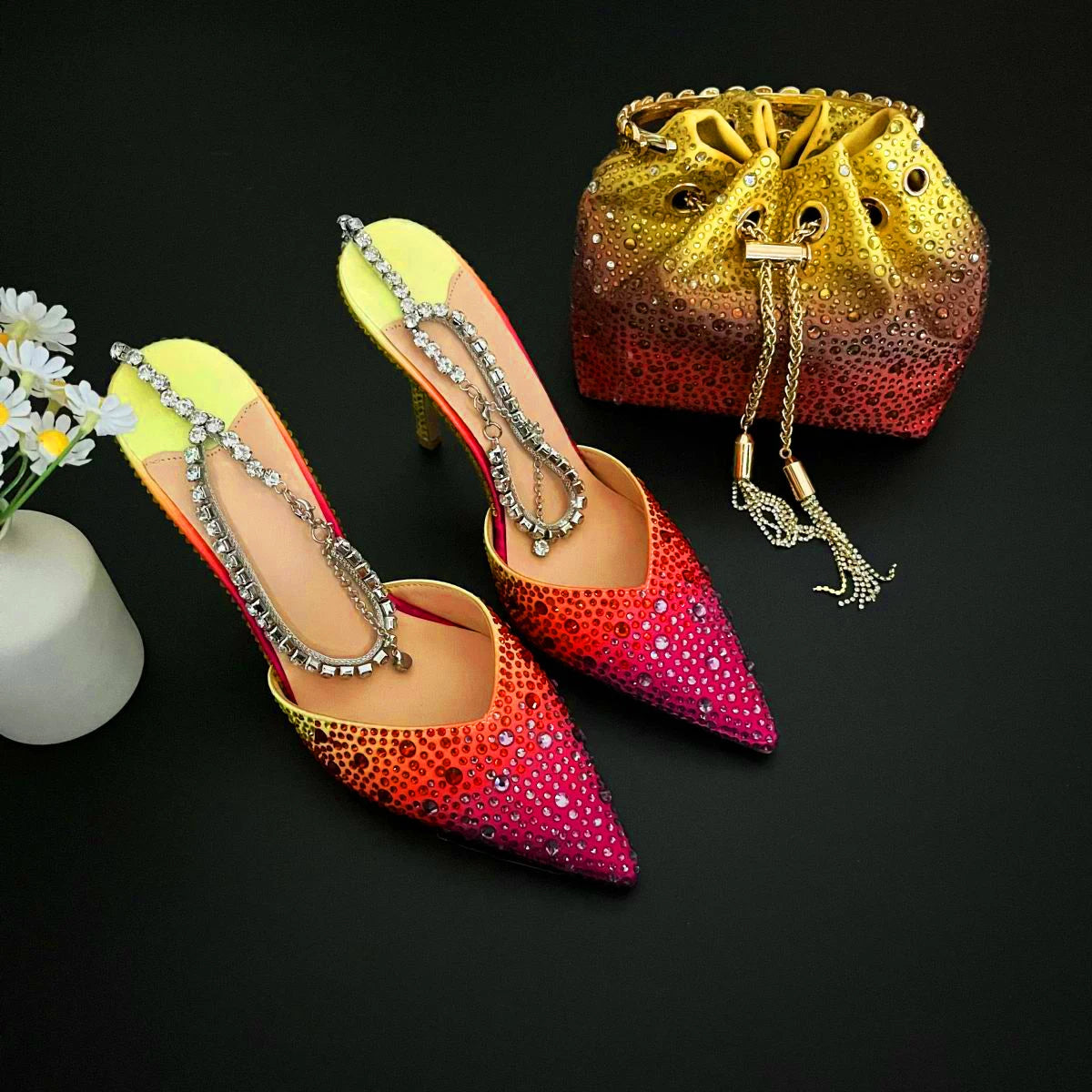 CHMURY Pointed Toe Rhinestone Heels and bag Set for Women Luxury Wedding Party