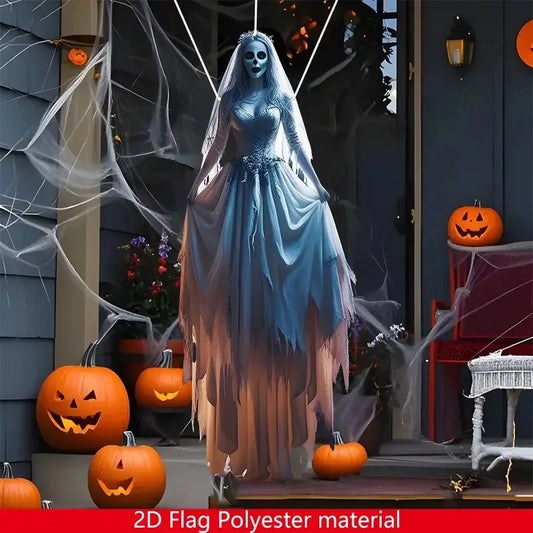 Halloween Horror Skeleton bride Hanging Flag Background Halloween Haunted House Props for Yard Indoor Outdoor