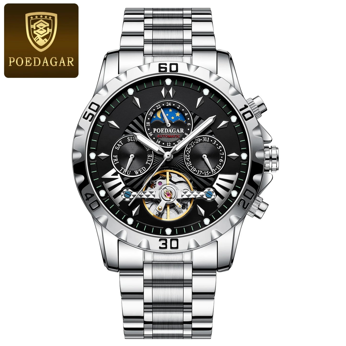 POEDAGAR Luxury Automatic Mechanical Wristwatch Waterproof Luminous Date Week Tourbillon Leather Men Watch Men's Fashion Watches