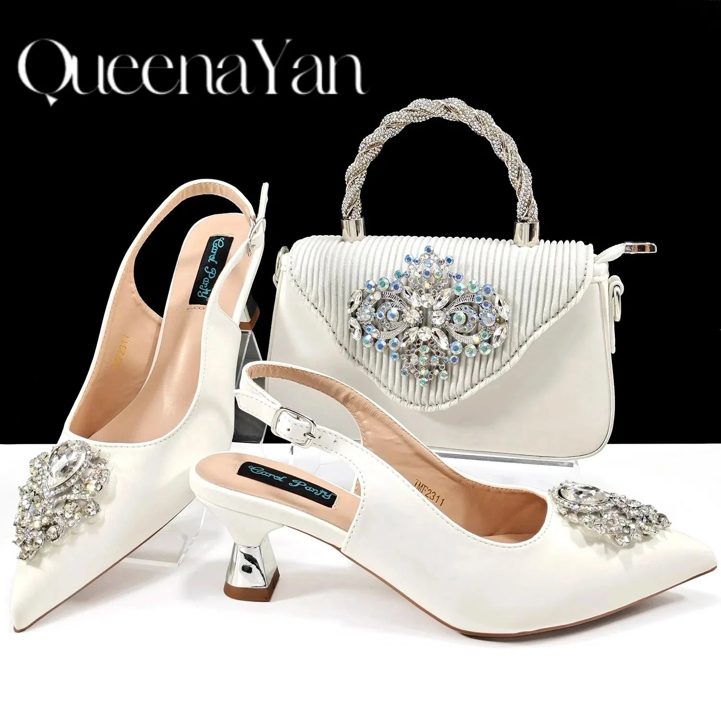 Italian Design Peach Color Pointed Toe Shoe & Bag Set Rhinestone Luxury  Women's High Heels for Parties By QSGFC
