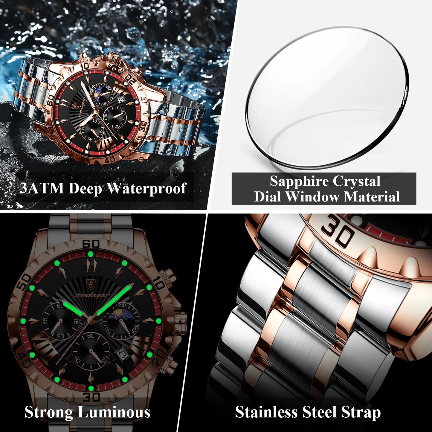 POEDAGAR Luxury Sport Man Watch Chronograph Luminous Waterproof Date Men Watch High Quality Stainless Steel Men's Quartz Watches