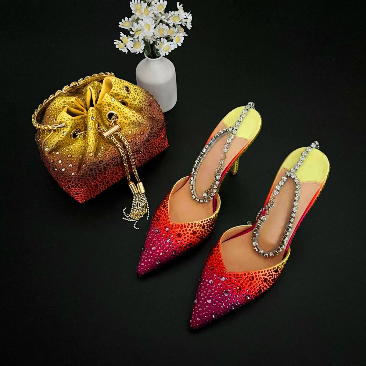 CHMURY Pointed Toe Rhinestone Heels and bag Set for Women Luxury Wedding Party