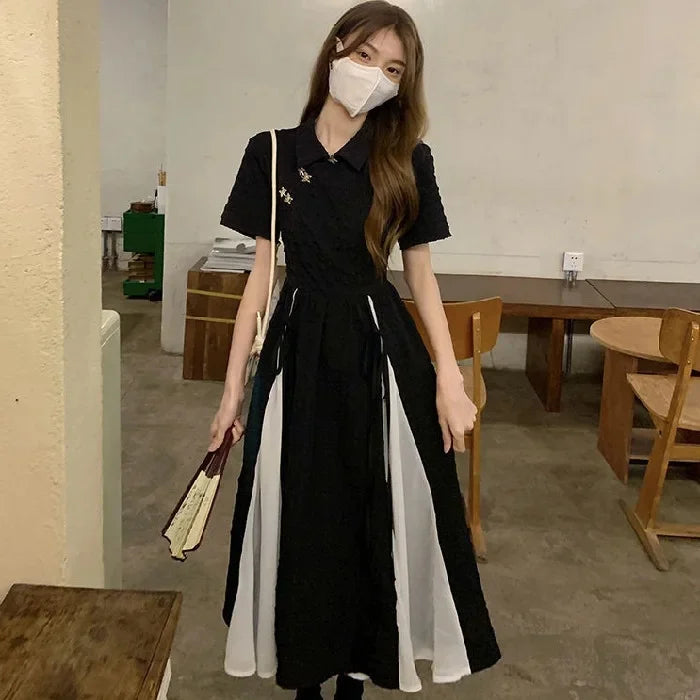 Plus Size New Chinese Style Dress Women's Clothing Summer New Solid Colors Short Sleeves Spliced Long Dress Women's Plus Size...