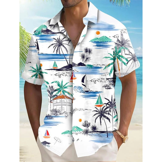 Hawaiian Men's Coconut Palm Tropical Plants Shirt Summer Casual Lapel Short Sleeve Shirts Male Outdoor Travel Oversized Clothing
