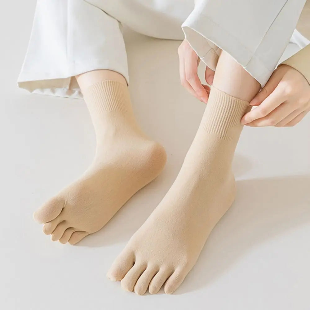 Five Fingers Socks, Women Cotton Mesh Summer Five Toe Hosiery Sports Solid Color Mid Tube Socks With Separate Fingers