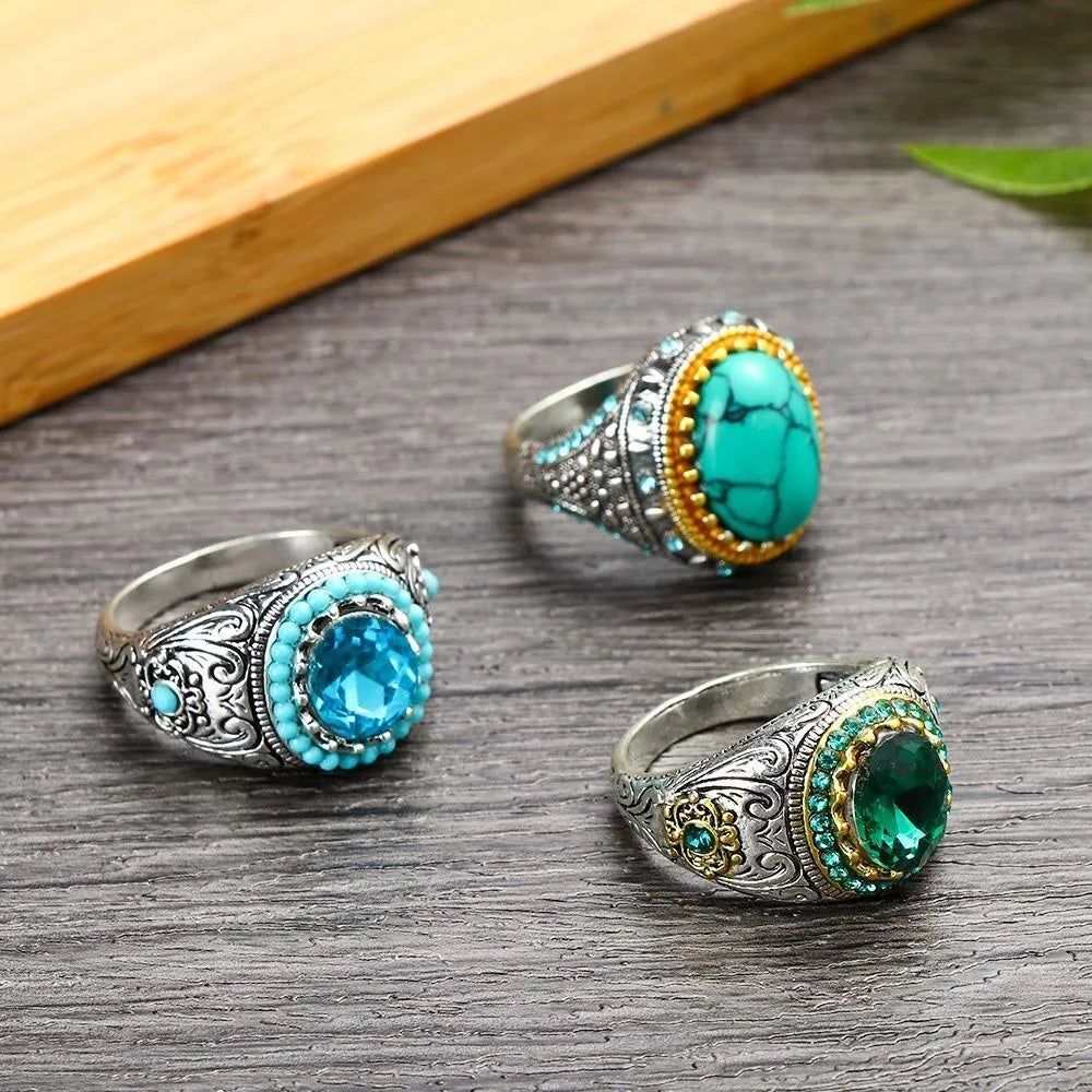 Retro Handmade Turkish Signet Ring Vintage Men's Ancient Metal Turquoise Zircon Rings Men Wedding Party Punk Motor Biker Jewelry