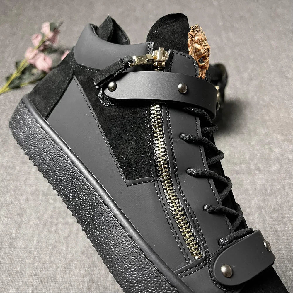 Men's High-Top Leather Casual Shoes - Designer Sneakers with Metal Buckle