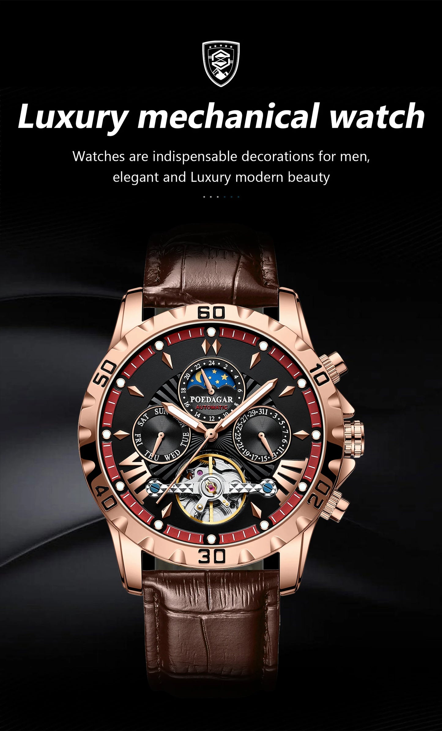 POEDAGAR Luxury Automatic Mechanical Wristwatch Waterproof Luminous Date Week Tourbillon Leather Men Watch Men's Fashion Watches