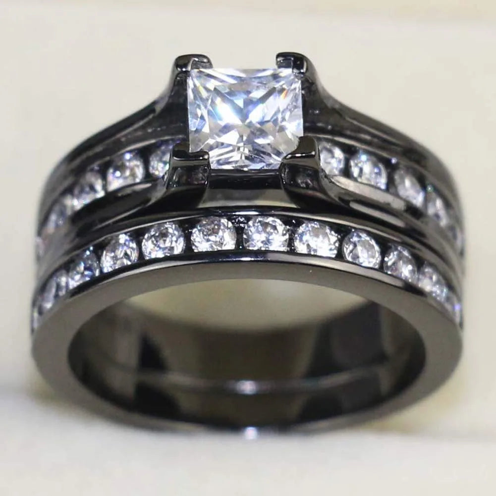 Fashion Couple Rings Women's White Rhinestones Zircon Ring Sets Men's Stainless Steel Zircon Stones Rings Wedding Band Jewelry