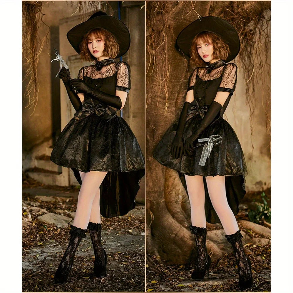 Halloween Black Mesh Hollow Witch Tailcoat Costume: Gothic Sorceress Cosplay Outfit for Party Performances