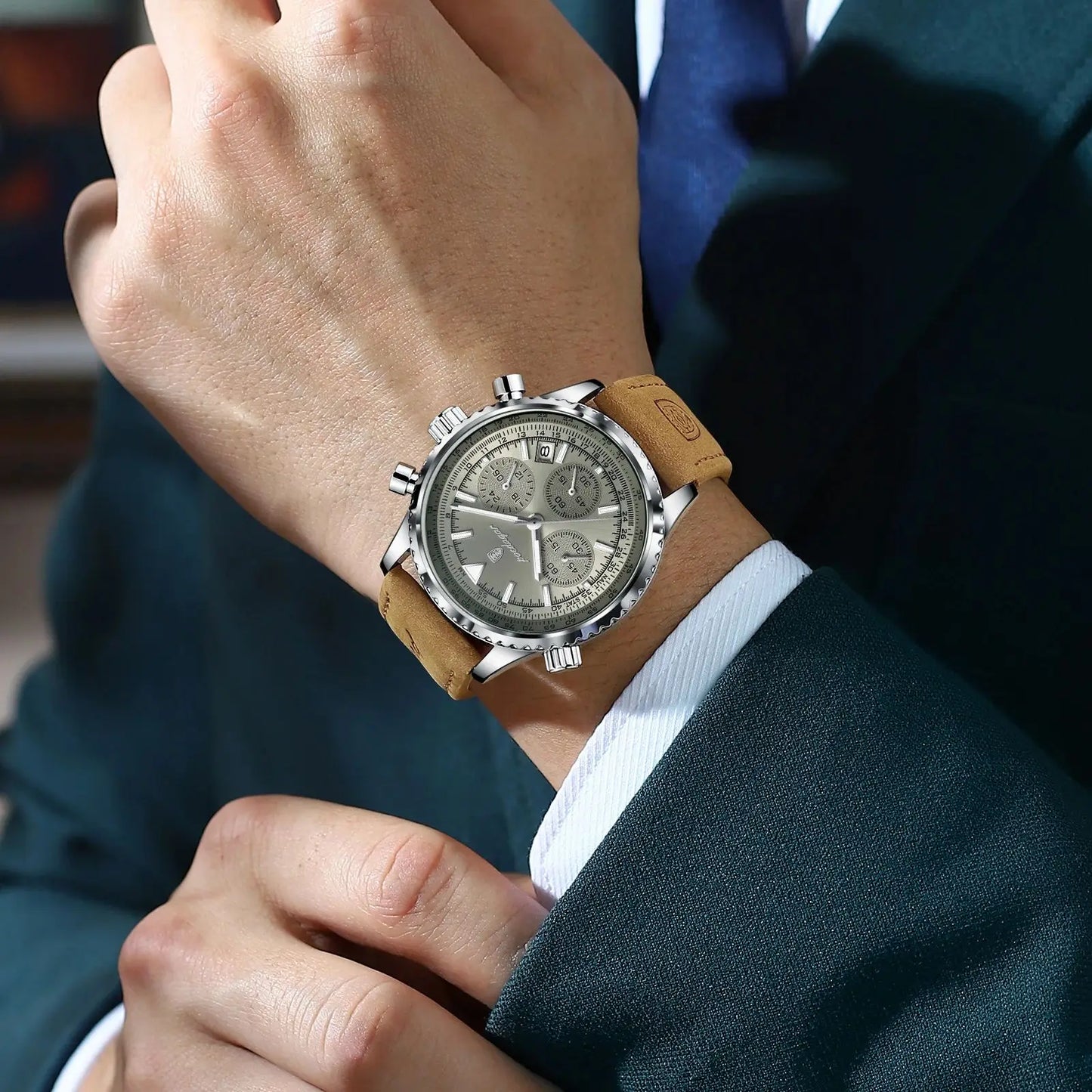 POEDAGAR Fashion High Quality Men Clock Chronograph Waterproof Luminous Calendar Man Wristwatch Leather Quartz Men's Watches+Box