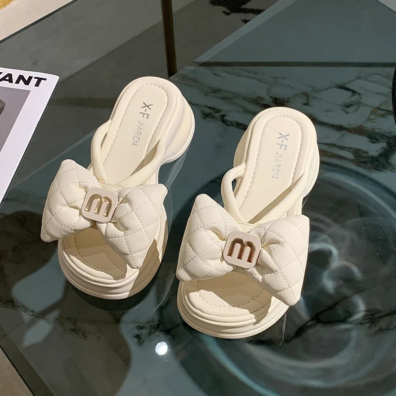 Women's Sandals New Korean Edition Casual Beach Shoes Versatile Thick Sole Shoes Bow Slippers Women's Outwear Summer