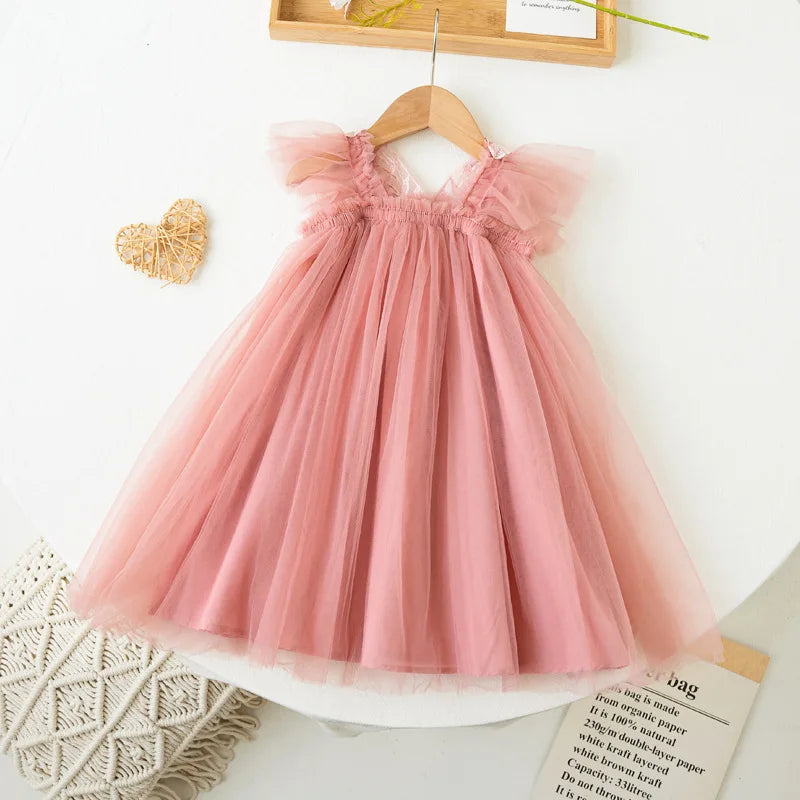 Children's Girl Dresses With Butterfly Wing Fashion Kids Tulle Dress For Girls 2-8Y Summer New Sleeveless Mesh Princess Clothes