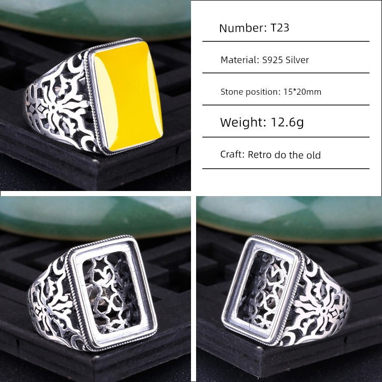 S925 Sterling Silver Ring Frame DIY Inlaid Beeswax Turquoise Amber South Red Ring Gem Opening Men Square Ring Setting