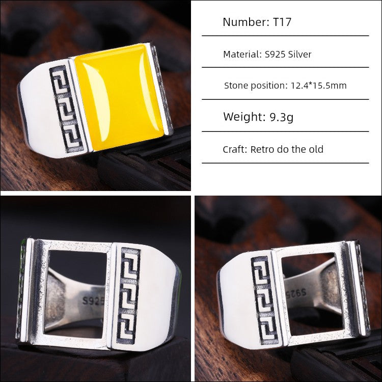 S925 Sterling Silver Ring Frame DIY Inlaid Beeswax Turquoise Amber South Red Ring Gem Opening Men Square Ring Setting