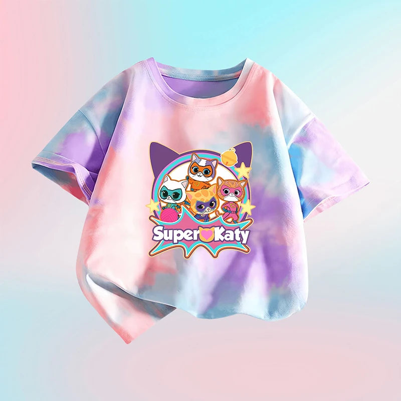 Kawaii Super Kitties Children T-shirt Tops Baby Cute Cat Short Sleeve Casual Clothes Girl Kids Tie Dye Tops Clothing Shirts Gift