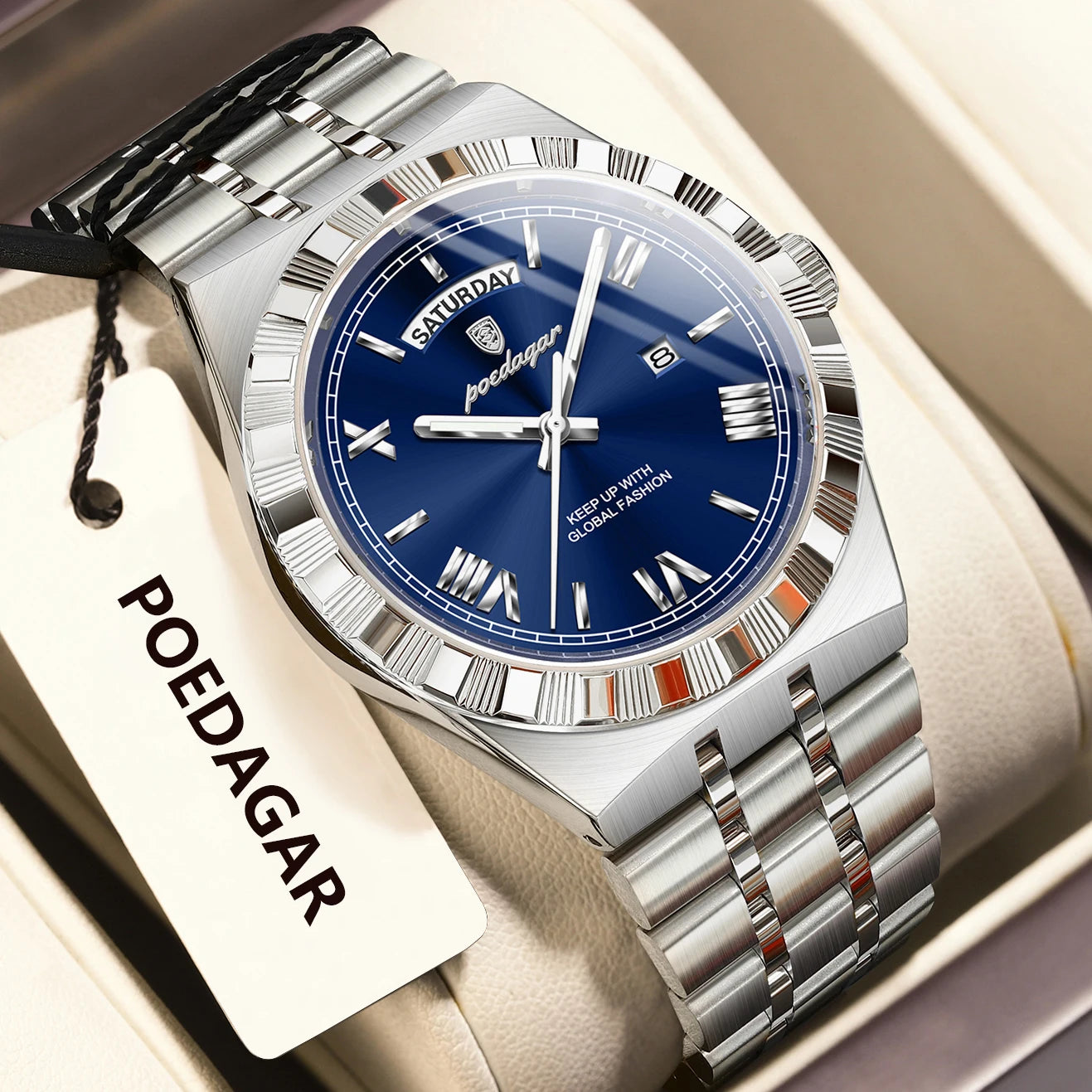 POEDAGAR Original Men's Watch Luminous Waterproof Week Date Man Wristwatch Stainless Steel Business Quartz Watches For Men Reloj