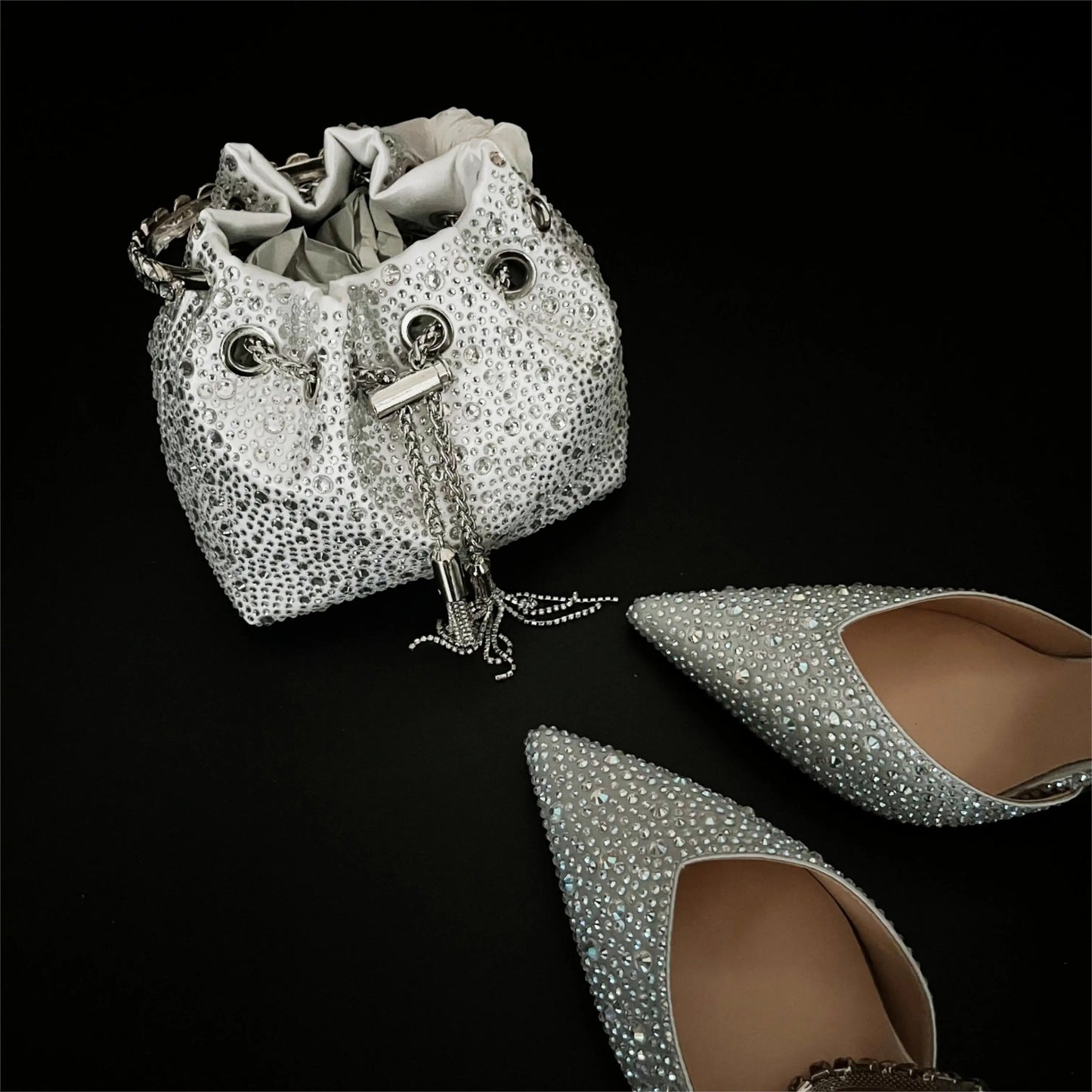 CHMURY Pointed Toe Rhinestone Heels and bag Set for Women Luxury Wedding Party