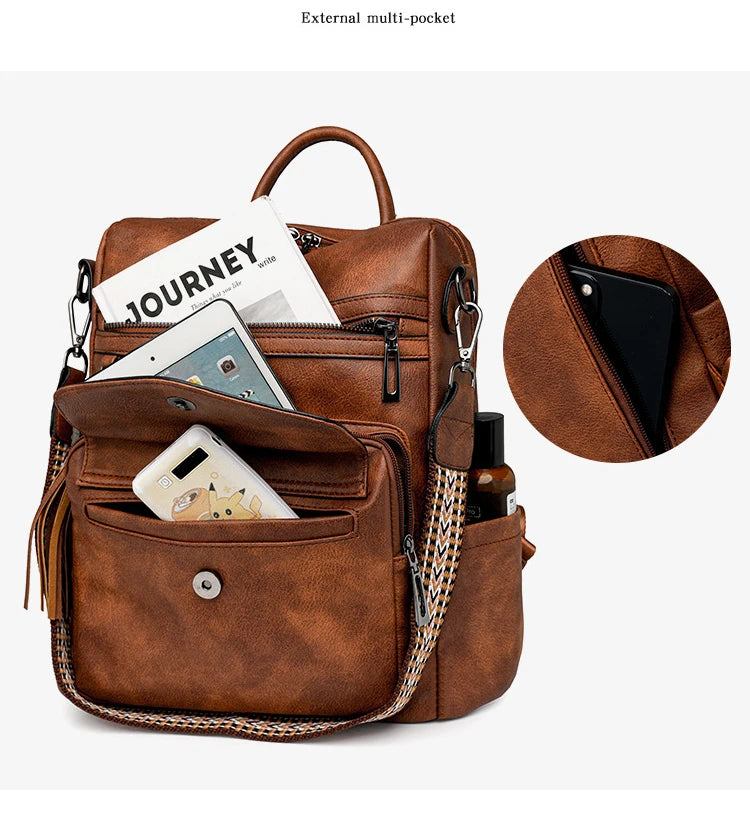 Backpack for Women Large Womens Backpack Leather Travel Fashion Purse Designer Ladies Shoulder Bags with Tassel Two-toned Brown