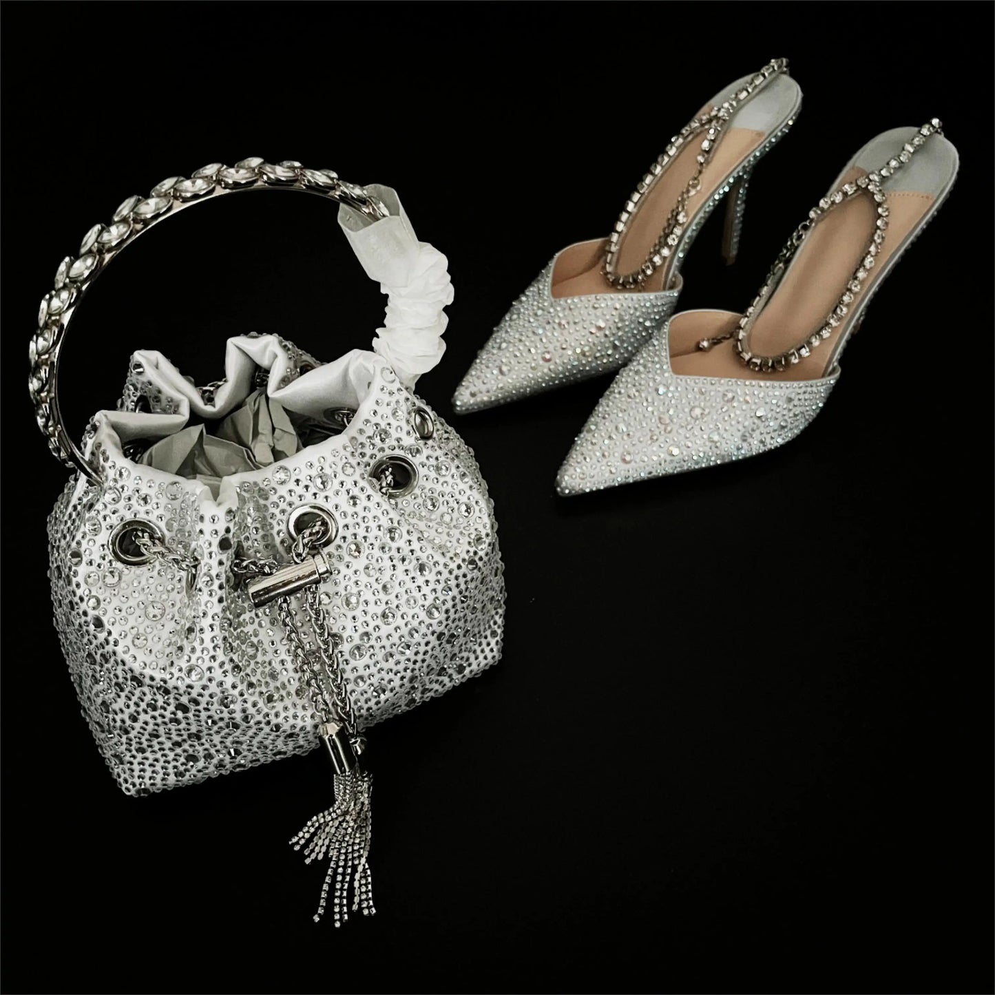 CHMURY Pointed Toe Rhinestone Heels and bag Set for Women Luxury Wedding Party