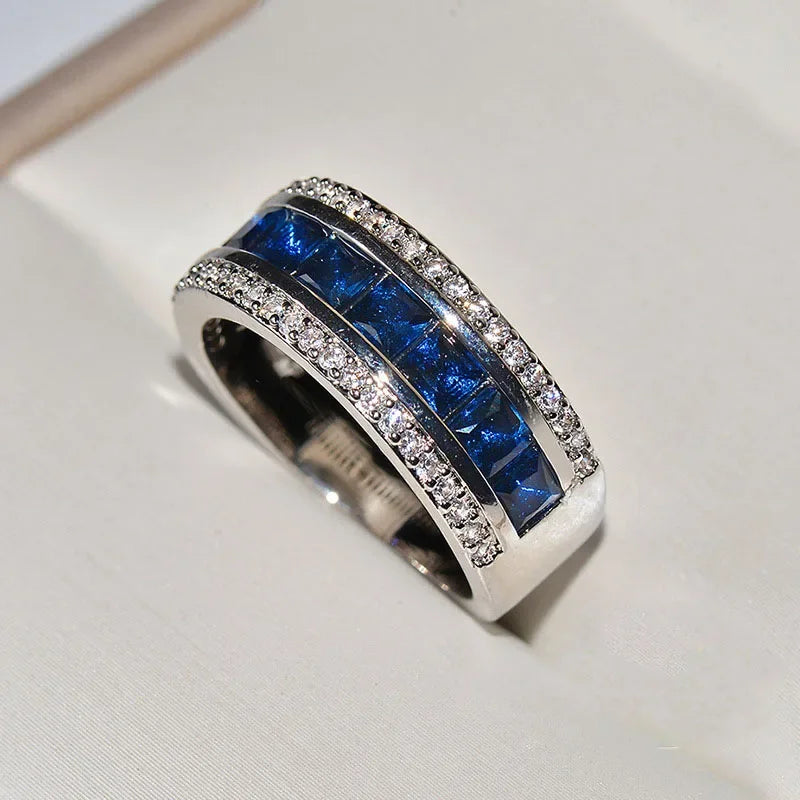 Authentic 925 Sterling Silver Finger Ring With Round Blue Square Cubic Zirconia Crystal Wide Ring For Women Wedding Jewelry
