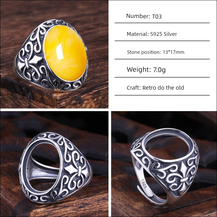 S925 Sterling Silver Ring Frame DIY Inlaid Beeswax Turquoise Amber South Red Ring Gem Opening Men Square Ring Setting