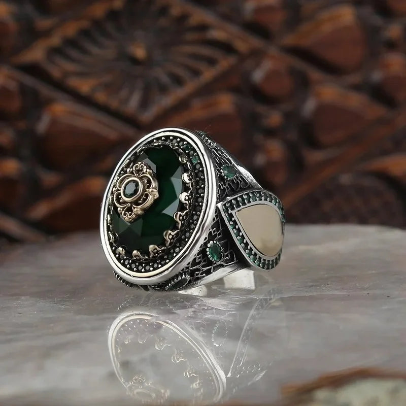 Vintage Hand Engraved Pattern Turkish Signet Ring for Men Fashion Set Green Stone Seal Islamic Muslim Jewelry